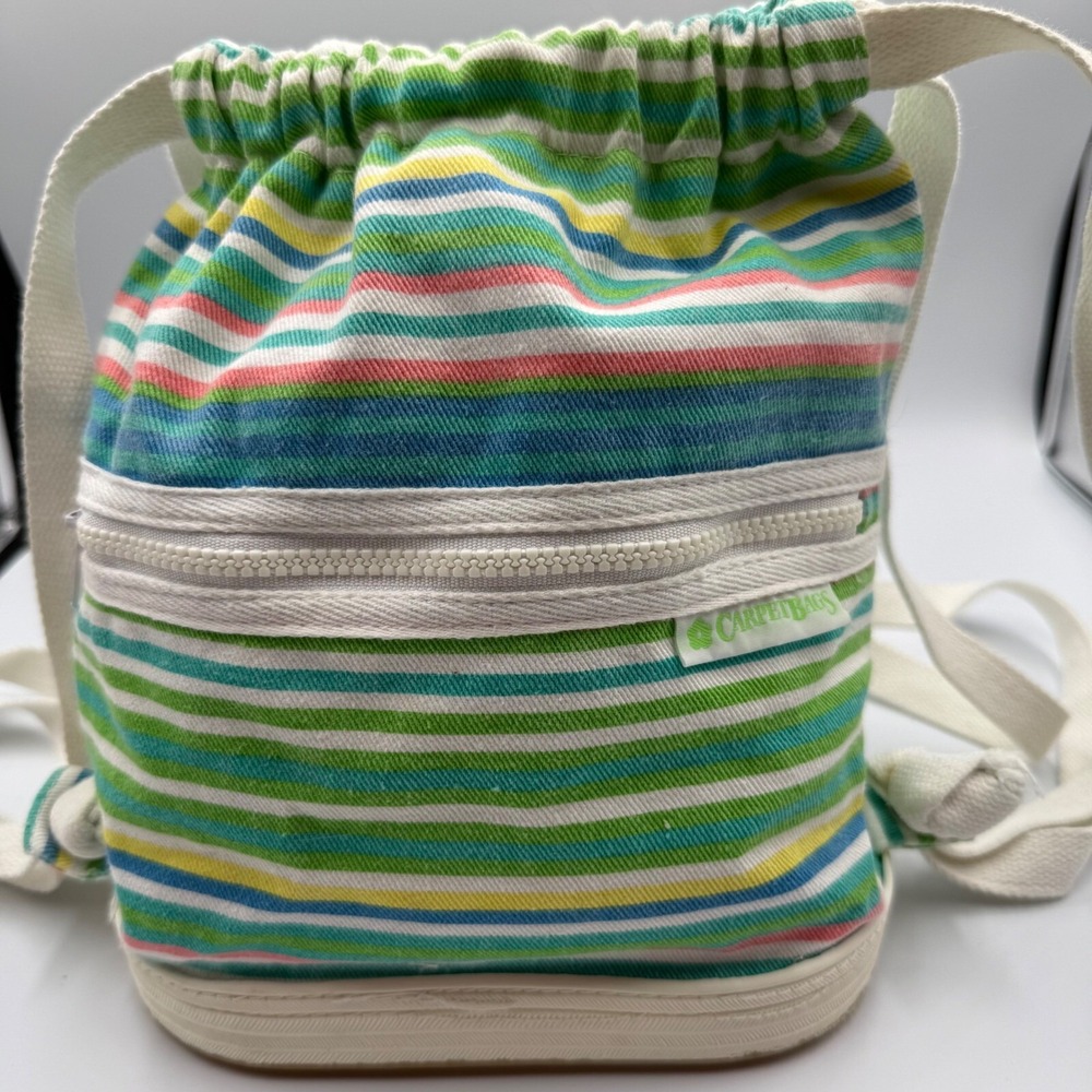 Vintage Carpetbags of America Striped Drawstring Backpack Canvas Travel Bag